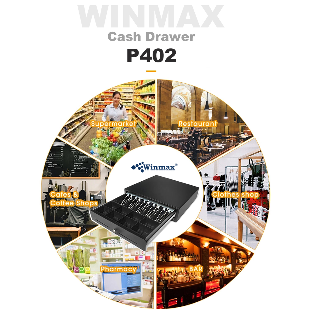 ลิ้นชักเก็บเงิน Cash Drawer 5 ช่องธนบัตร 8 ช่องเหรียญ สีดำ Winmax-P402